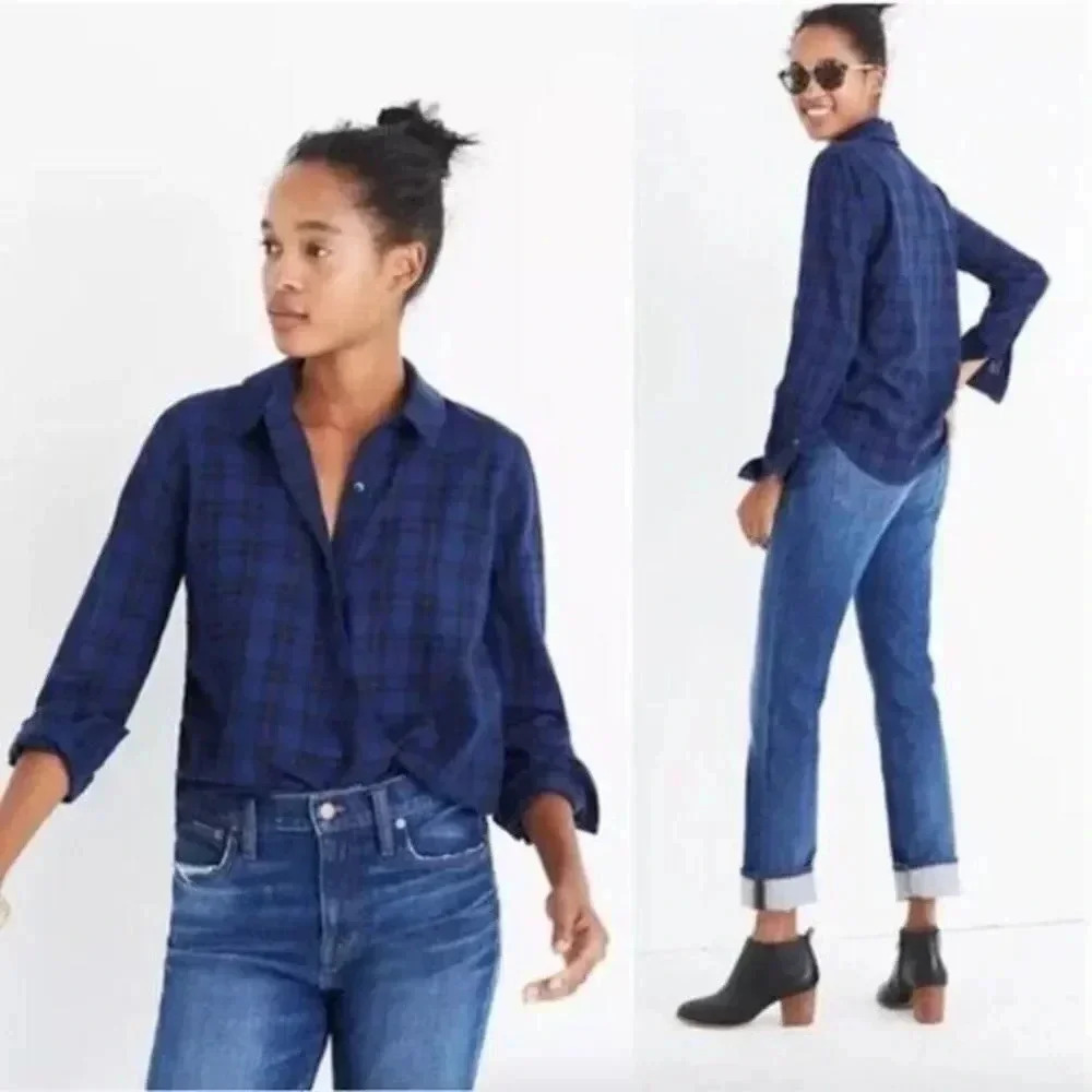 Madewell Wrap Front Long Sleeve Top Blue Black Arion Plaid M